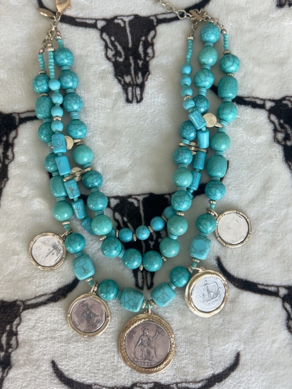 Chico’s Turquoise Tone Multi Strand Coin Charm Statement Necklace